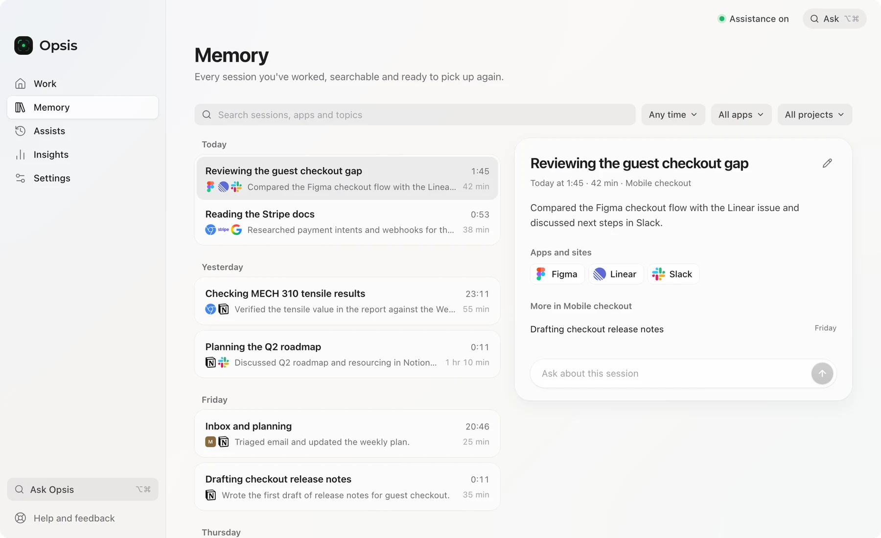 The Opsis Memory screen listing named work sessions by day